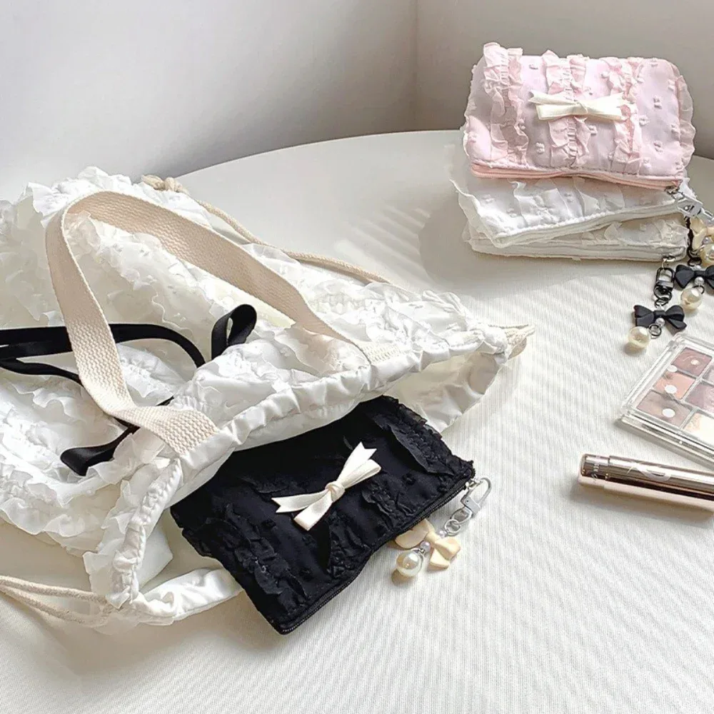 mini trousse de maquillage mignonne, nœud en dentelle, sac à main porte-monnaie portable, sac de rangement de cosmétiques pour dames