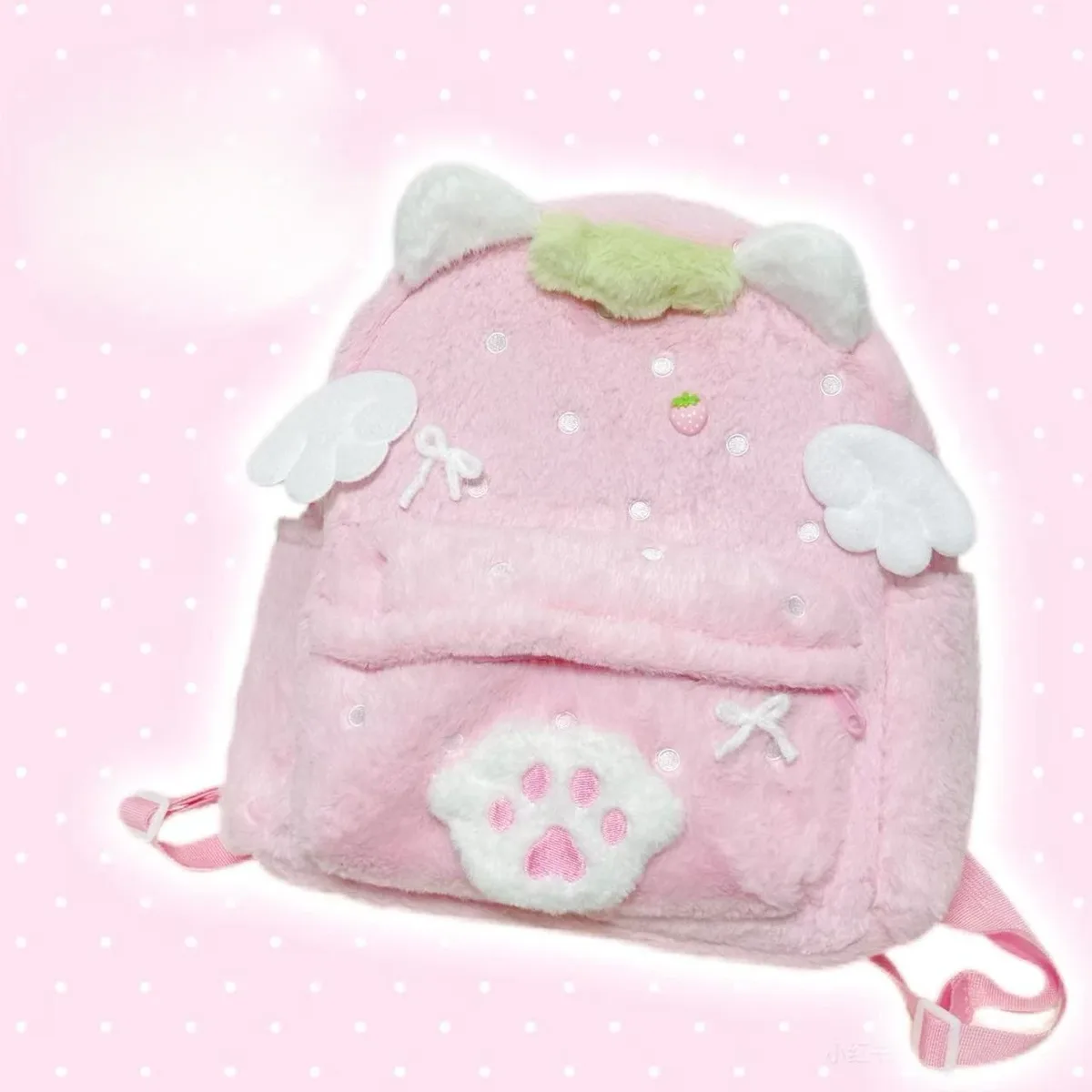 sac à dos en peluche rose doux pour femme, accessoires vestimentaires de la sous-culture japonaise strawberry angel daughter, mochilas para mujer