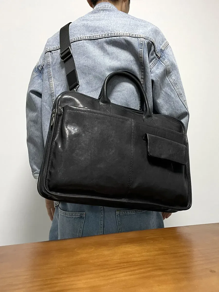 porte-documents de luxe en cuir véritable pour hommes, porte-documents d'affaires décontracté, fait à la main, mode première couche en peau de vache, sacs à main pour ordinateur portable de grande capacité