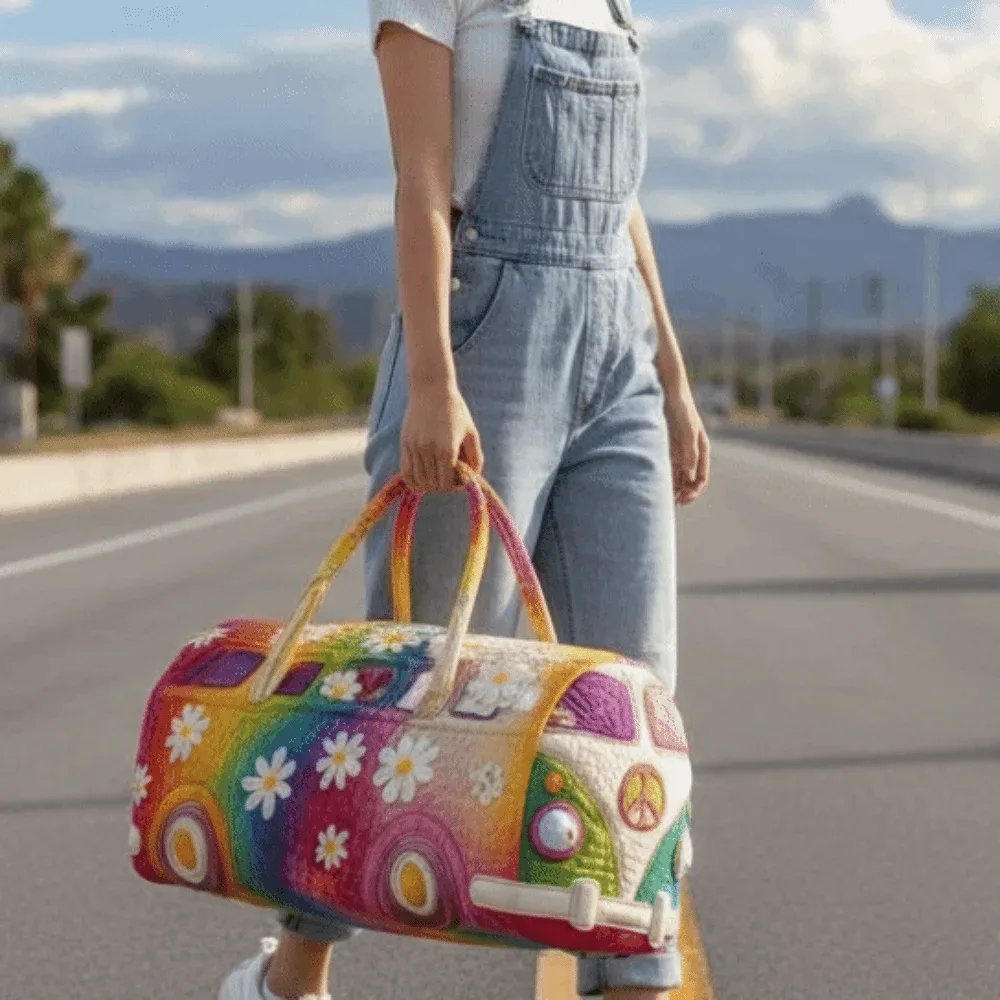 sac de voyage matelassé grande capacité imprimé motif bus, en tissu doux et léger, avec fermeture éclair durable