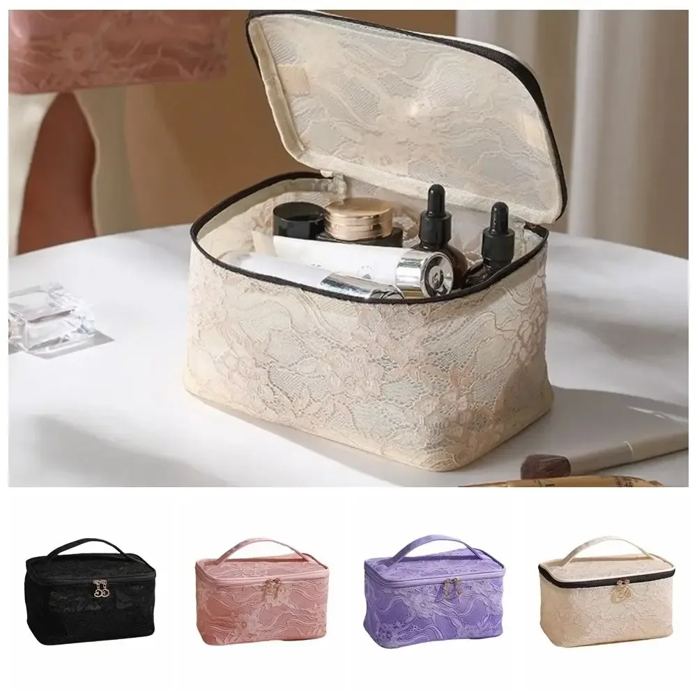 Pochette de rangement en dentelle de couleur unie, sac de maquillage de grande capacité avec poignée, sac de rangement pour cosmétiques, trousse de toilette florale respirante pour femmes
