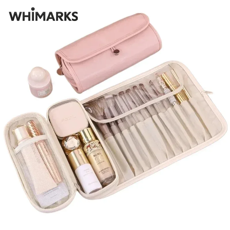 Sac cosmétique WHIMARKS, organisateur de pinceaux de maquillage et d'articles de toilette, sac de voyage imperméable et portable, pochette de rangement pour maquillage de grande capacité.