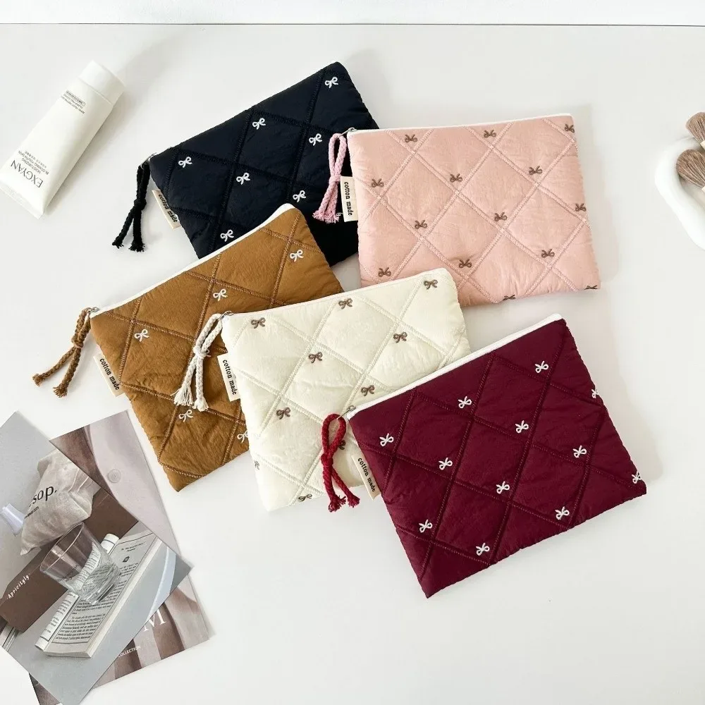 nouvelle trousse de toilette matelassée avec nœud brodé, grande capacité, sac à papeterie multifonctionnel, trousse à stylos