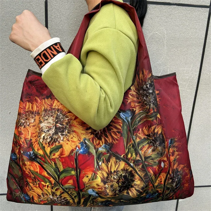 sac de courses pliable imprimé peinture à l'huile, réutilisable, grande capacité, sac fourre-tout écologique, sac de rangement portable et imperméable