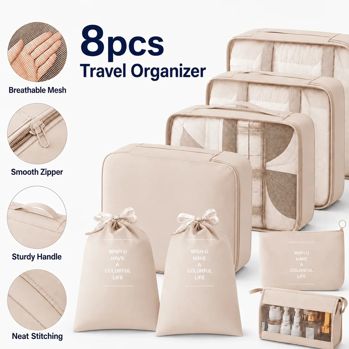 ensemble de 8 organisateurs de voyage, comprenant des cubes de rangement pour vêtements et sous-vêtements, des sacs à cordon et une trousse de toilette, organisateurs de valise inclus.