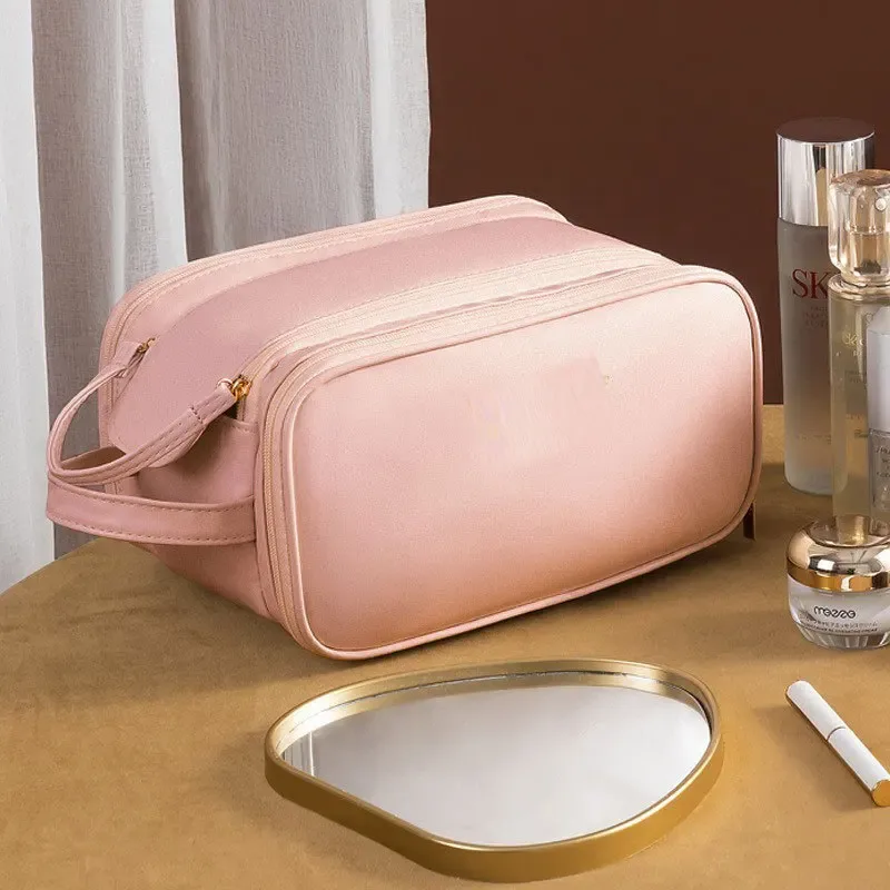 sac de maquillage multifonctionnel pour femmes en cuir pu, grande capacité, portable, double fermeture éclair, sac de rangement pour pinceaux de maquillage et articles de toilette