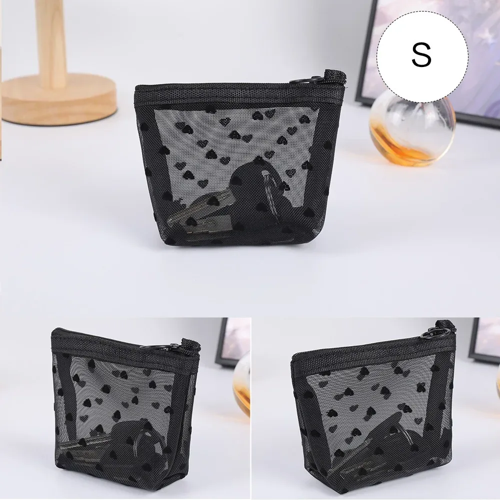 trousse de maquillage en velours de cœur noir en dentelle, sac de rangement transparent pour étudiant, trousse de toilette portable de voyage, trousse de maquillage universelle