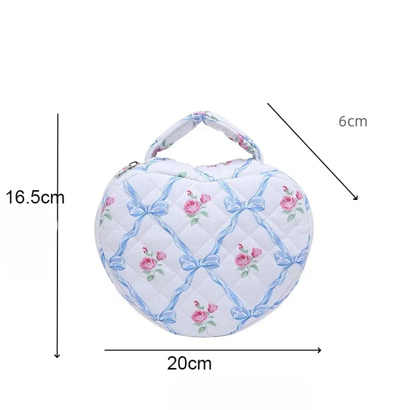 nouveau sac à cosmétiques matelassé en forme de cœur, grand sac de rangement de toilette de voyage portable, cadeau de saint-valentin, sac de maquillage en coton floral avec nœud mignon