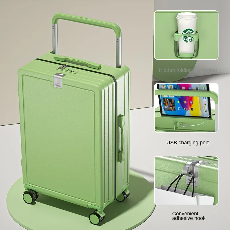 valise multifonctionnelle à roulettes avec poignée large, fermeture éclair, porte-gobelet, port usb, 20 pouces, bagage à main pour voyage