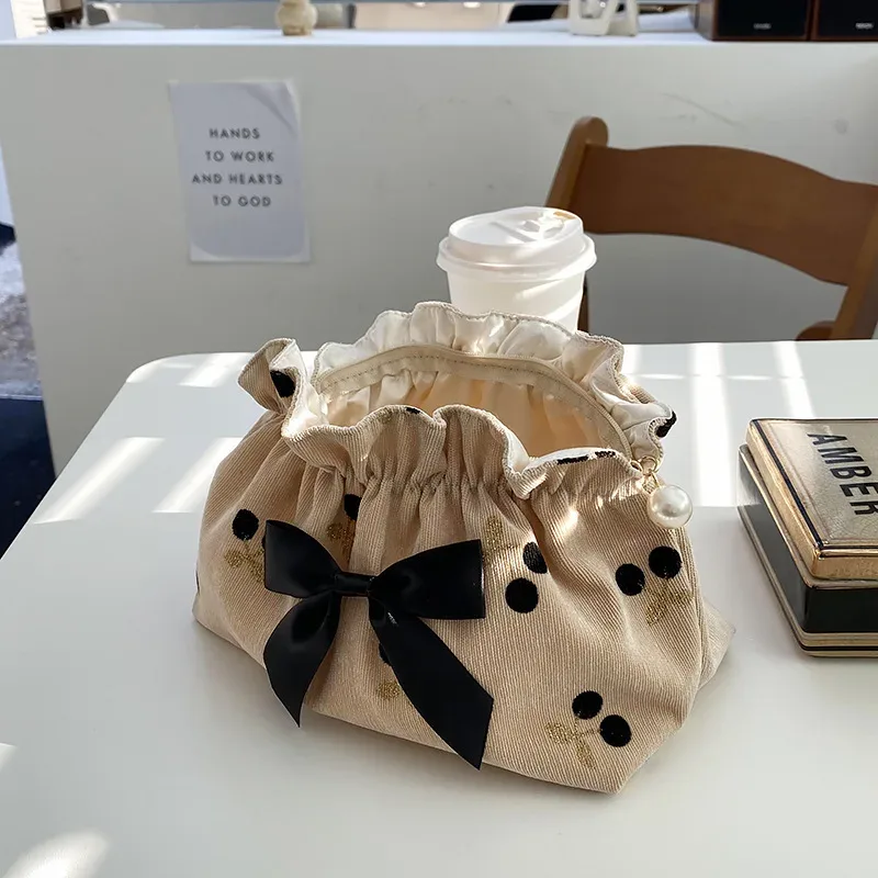 sac à cosmétiques en velours côtelé imprimé cerise pour femmes, sacs de maquillage de grande capacité pour rouge à lèvres, sac de rangement de voyage pour femmes