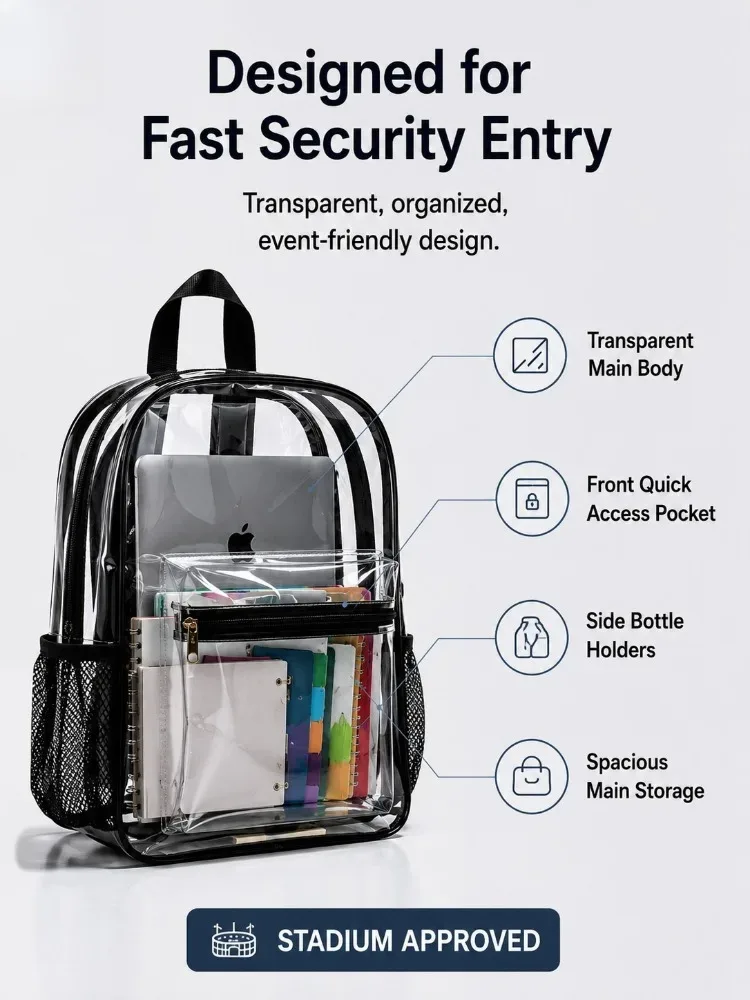 sac à dos transparent robuste en pvc, approuvé pour les stades, contrôle de sécurité rapide, pour l'école, l'université, le travail, les festivals de musique