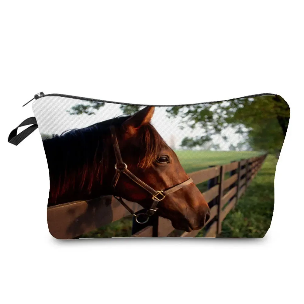 sacs de maquillage imprimés cheval pour femmes, sac à cosmétiques décontracté pour filles, mini trousse de toilette écologique réutilisable de voyage, trousse à crayons pour étudiants