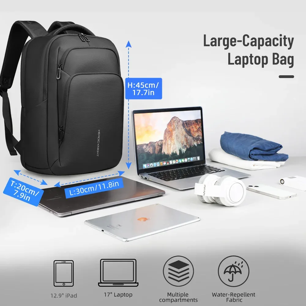 hk sac à dos d'affaires multifonctionnel hommes sac à dos de voyage de grande capacité étanche 17.3 "sac pour ordinateur portable avec usb sac à dos de travail de bureau