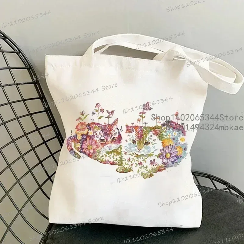 sac à main chat et fleur pour femmes, vintage, esthétique, design chaton, sacs de shopping, fourre-tout réutilisable pour adolescentes, sac à bandoulière
