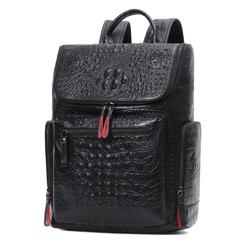 sac à dos en cuir de crocodile véritable pour ordinateur portable, sac à dos de voyage pour homme, grand sac à dos étanche pour adolescent, cartable, 15.6 pouces