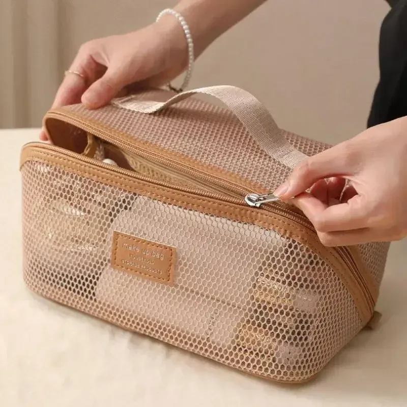sac de maquillage en maille transparente, léger, portable, grande capacité, trousse de toilette de voyage, sac multifonctionnel à plusieurs compartiments