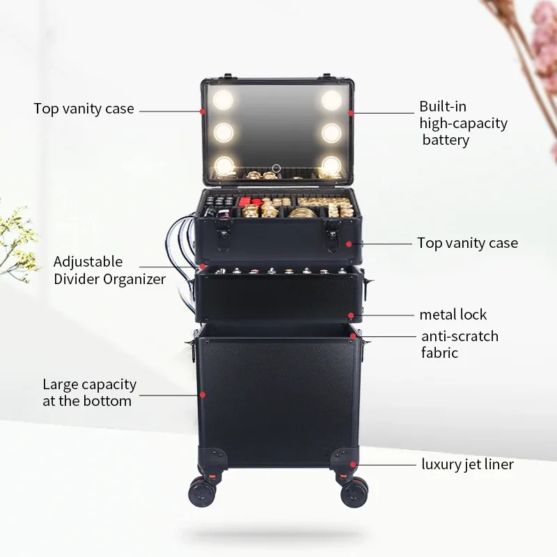Organisateur de maquillage avec lumières LED mrirror-grand chariot à cosmétiques, trousse de salon et de barbier chariot roulant pour coiffeurs