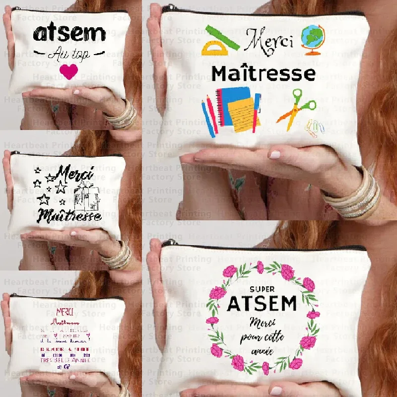 Sac à cosmétiques de voyage imprimé français merci Maîtresse, sac à rouge à lèvres, trousse à crayons, pochette pour femmes, cadeau de rentrée scolaire
