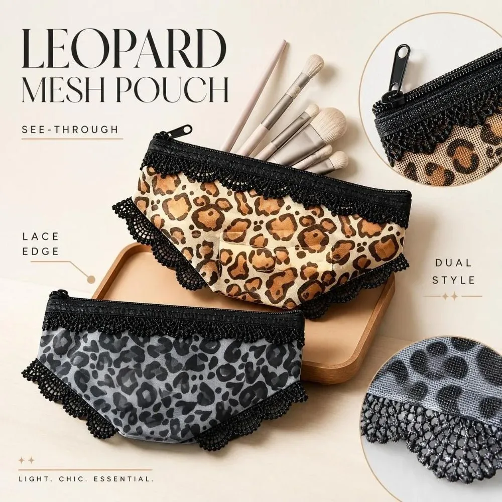 pochette de maquillage chic en forme de culotte à imprimé léopard, avec fermeture éclair, sac cosmétique portable en maille, pochette de rangement transparente ornée de dentelle, idéale pour les voyages.