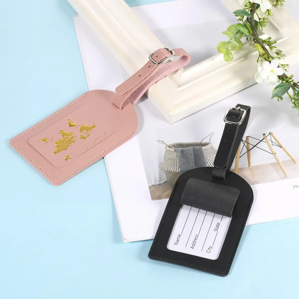 2 étiquettes de bagage en cuir, étiquettes d'adresse pour bagages avec sangle réglable, étiquettes de protection de la vie privée pour valises