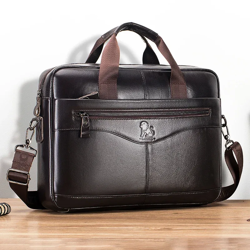 Sac d'ordinateur en cuir de vache, porte-documents pour hommes en cuir véritable de grande capacité de 14 pouces, sac de fichiers rétro en peau de vache avec couche supérieure