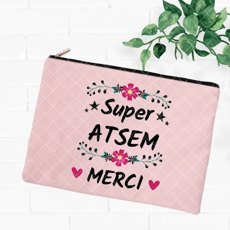 merci atsem – trousse de maquillage imprimée française, grande trousse à crayons, fournitures de papeterie scolaire, sac de rangement, pochette de lavage de voyage, cadeaux pour atsem