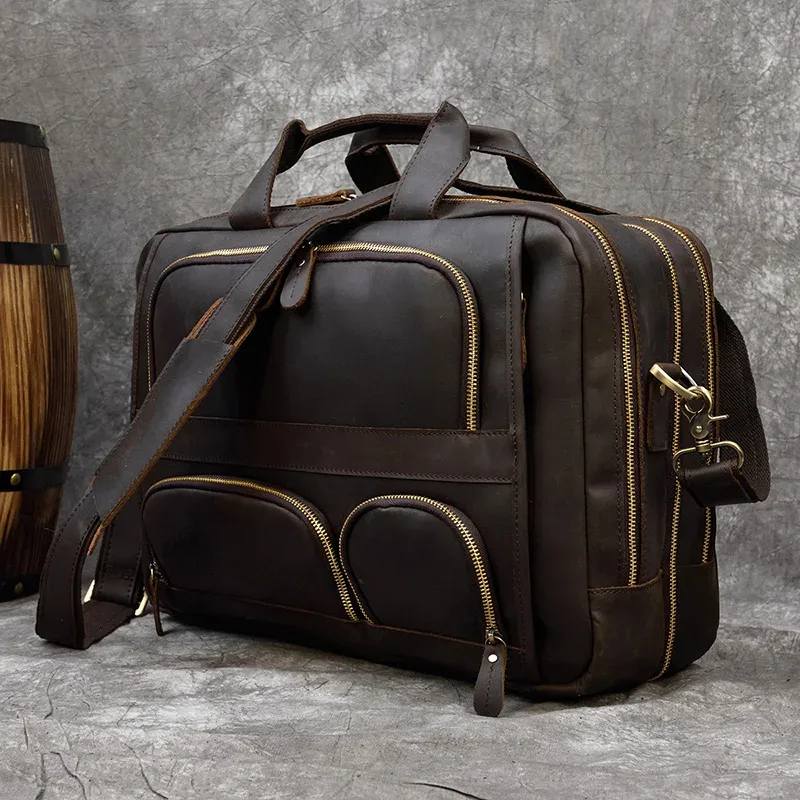 17.3 pouces mallette pour ordinateur portable en cuir véritable pochette d'ordinateur voyage d'affaires fourre-tout sacs à main pour hommes mâle grand bref étui sac rétro