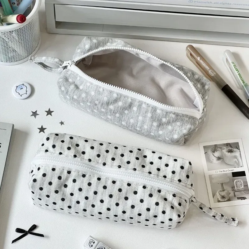 trousse de maquillage de voyage pour femmes, étui cosmétique grande capacité, trousse à crayons pour étudiants, pochette au style coréen minimaliste à pois