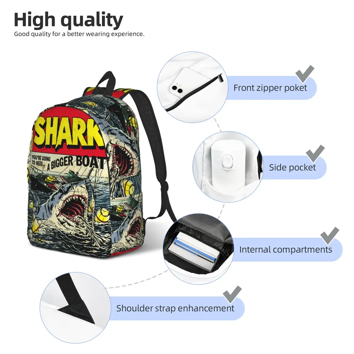 sac à dos classique avec affiche de film jaw-shark, sac à dos de sport, d'école, de travail, avec affiche de requin, sac à dos pour hommes et femmes, sacs en toile pour ordinateur portable