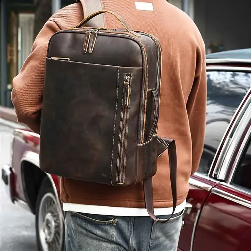 crazy horse – sac à dos en cuir de vache pour hommes, sac pour ordinateur portable, double épaule, sac de voyage de grande capacité, sac à dos quotidien