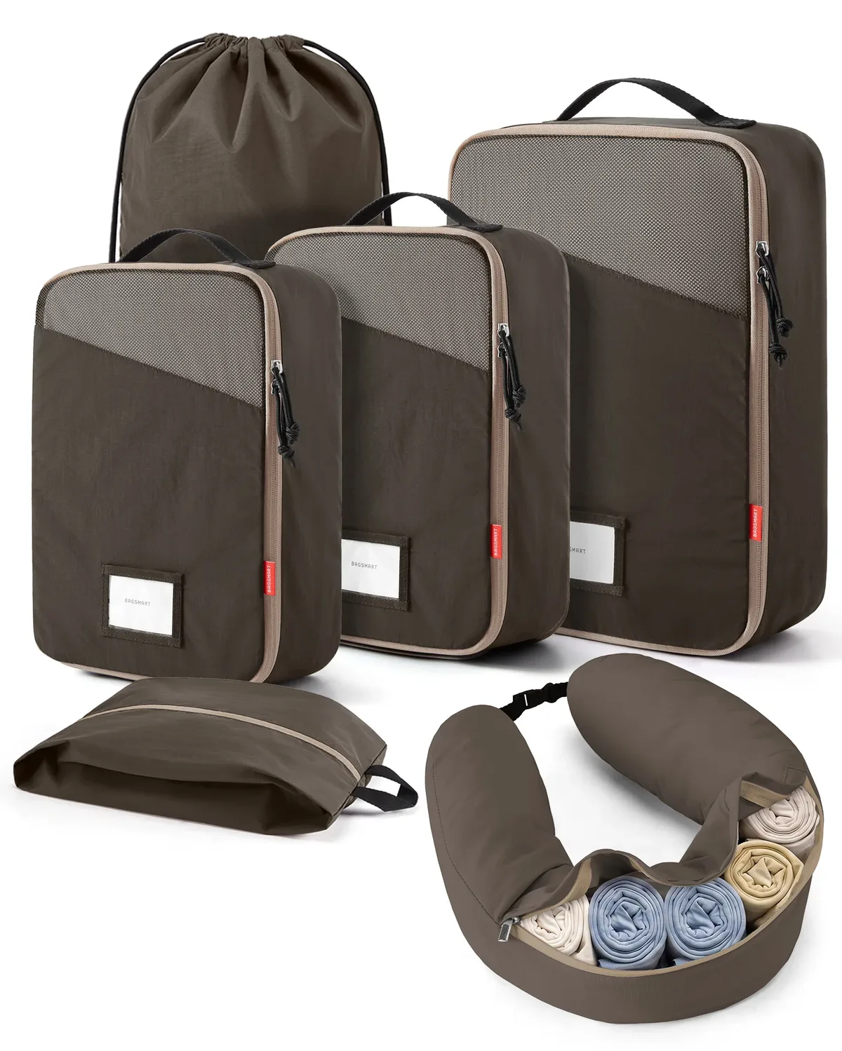 cubes de compression bagsmart avec oreiller de voyage, 6 pièces, sacs de rangement de voyage durables, résistants aux déchirures, en tissu lavable, avec fente pour carte