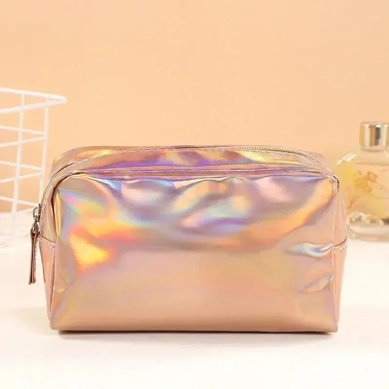 sac de maquillage laser de couleur unie, sac de rangement de lavage de voyage portable, sac de rangement de cosmétiques de toilette de grande capacité à la mode