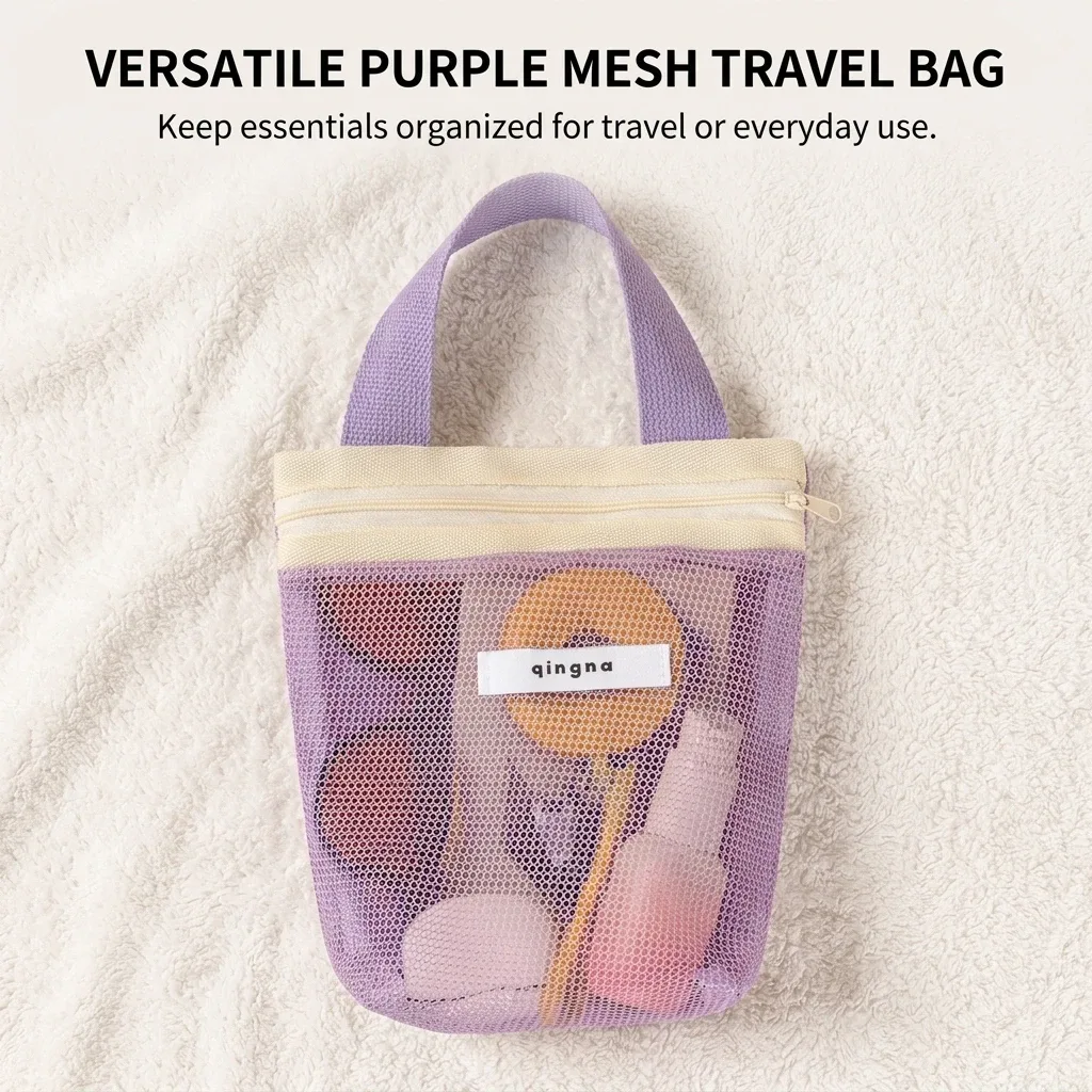 pochette de plage portable en maille transparente avec poignée, sac de voyage pour crème solaire, clés, câbles, organiseur de toilette