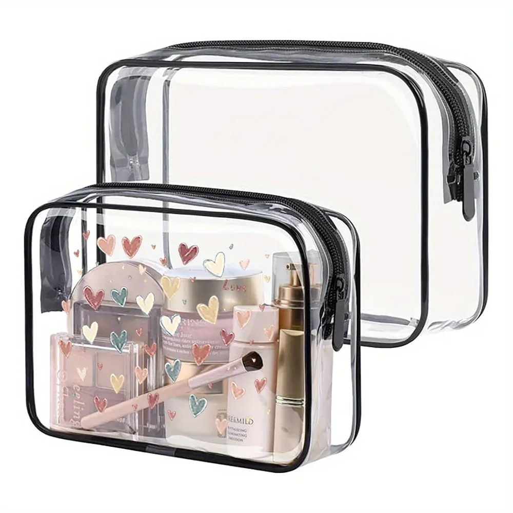 trousse de maquillage transparente heart design. petite pochette à cosmétiques pour voyage, salle de sport ou plage. un cadeau parfait.