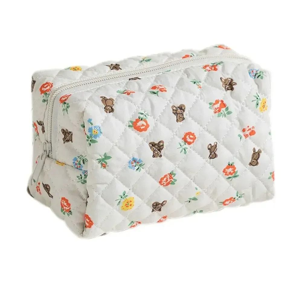 trousse de maquillage en coton matelassé, trousse de toilette portable à carreaux avec fermeture éclair, grande capacité, poudres de soin de la peau, voyage