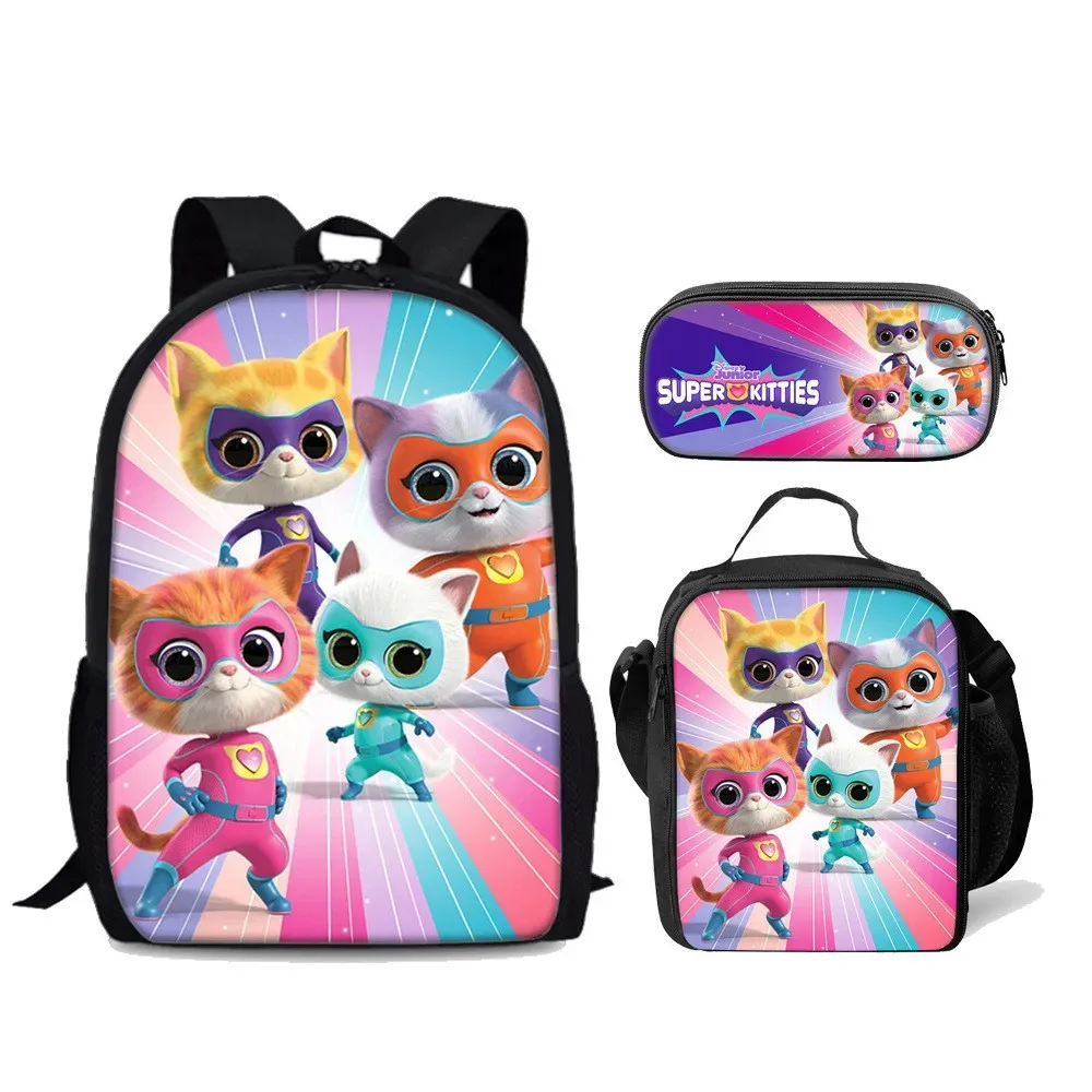 Super Kitties – sac d'élève du primaire, ensemble de trois pièces, sac à dos de dessin animé, sac de glace, sac à stylos
