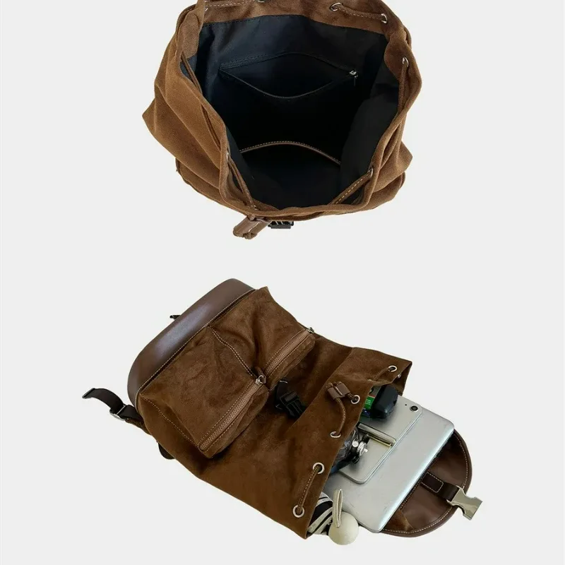 sac à dos à rabat avec cordon de serrage de style coréen, sac d'hiver vintage en daim de grande capacité à la mode, sac à bandoulière polyvalent pour voyage