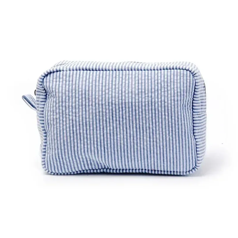 Sacs à cosmétiques à volants en seersucker, sacs de rangement à rayures roses/violettes pour femmes, sac de voyage avec fermeture éclair, sac de maquillage