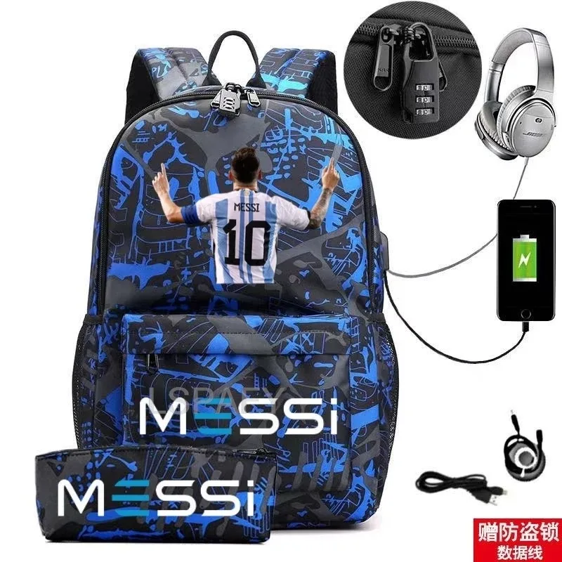 sac à dos messi tendance (lot de 2) – anti-vol, unisexe, simple, pour ordinateur portable, avec port usb, grande capacité, idéal pour les voyages, l'école, les garçons et les filles