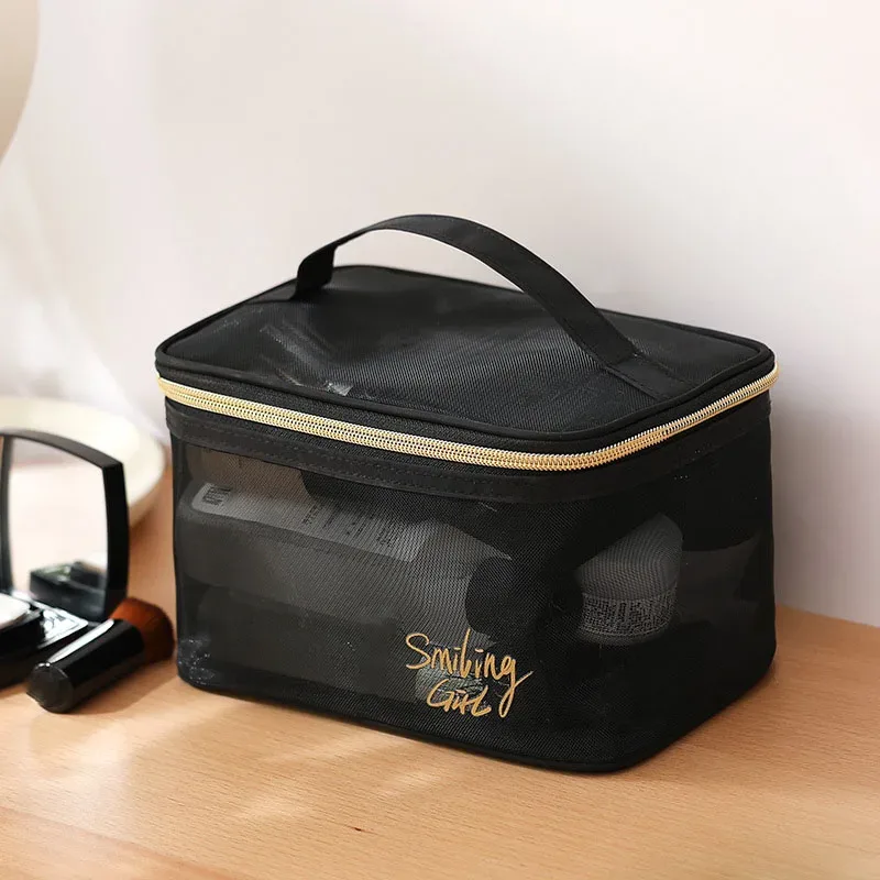 1pc 2025 noir maille sac cosmétique petits grands sacs de maquillage pochette à fermeture éclair pour les bureaux sacs de rangement de voyage sacs de toilette pochette de maquillage
