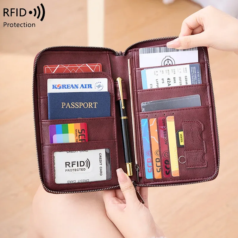 nouveau portefeuille de voyage multifonctionnel en cuir pu pour hommes et femmes, porte-cartes anti-rfid, anti-vol, sac de rangement