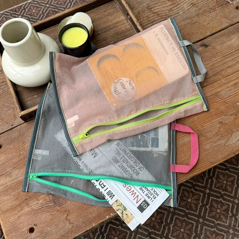 sac de rangement en nylon à maille translucide, sac d'identité, billet de voyage, ligne de données, rangement de stylos, sac à cosmétiques portable mince et pliable, trousse à crayons