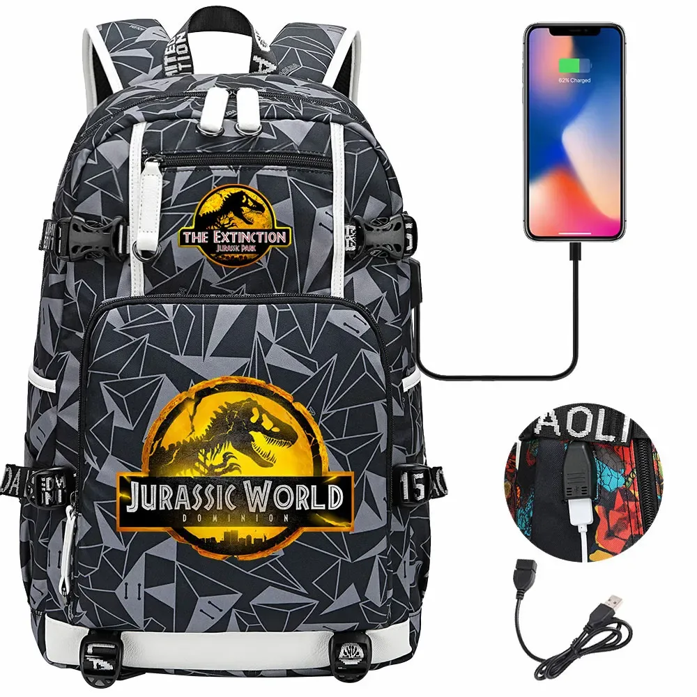 jurassic park world dinosaure sac à dos usb grande capacité étudiant mochila femmes hommes ordinateur portable garçon fille enfants retour à l'école livre sacs