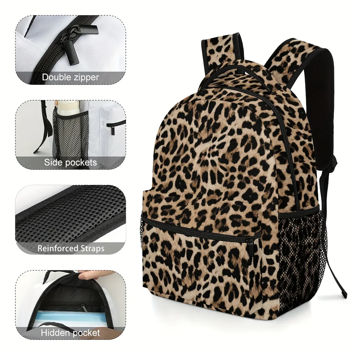 sac à dos imprimé léopard, durable et léger, avec bretelles réglables, fermeture à glissière, grande capacité
