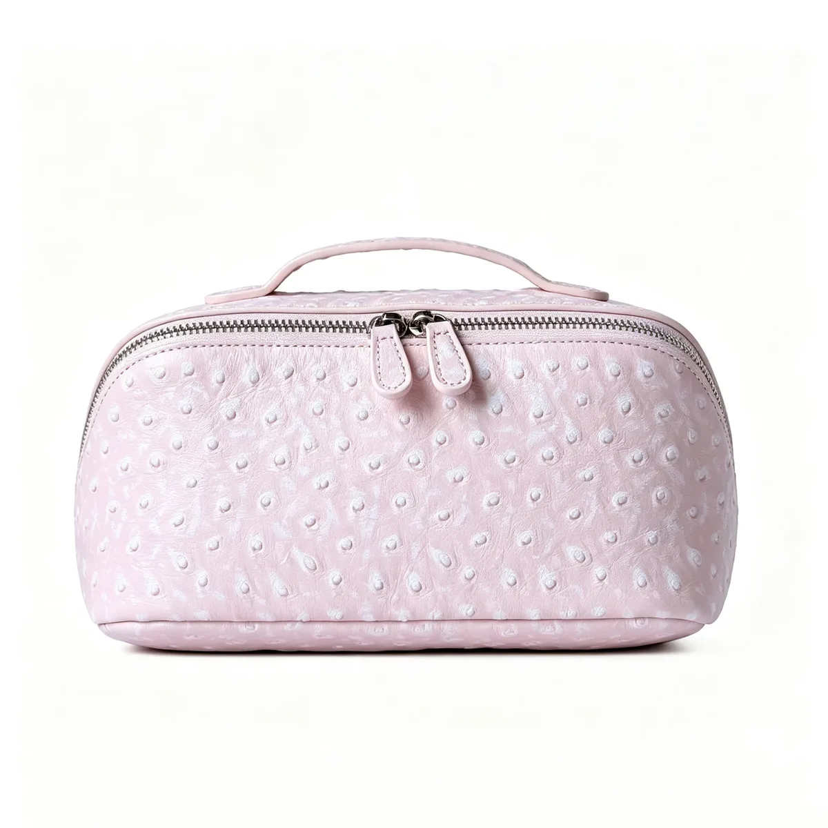 nouvelle trousse de maquillage de voyage portable en cuir véritable motif autruche rose flocon de neige, grande capacité, en cuir de vachette, luxe