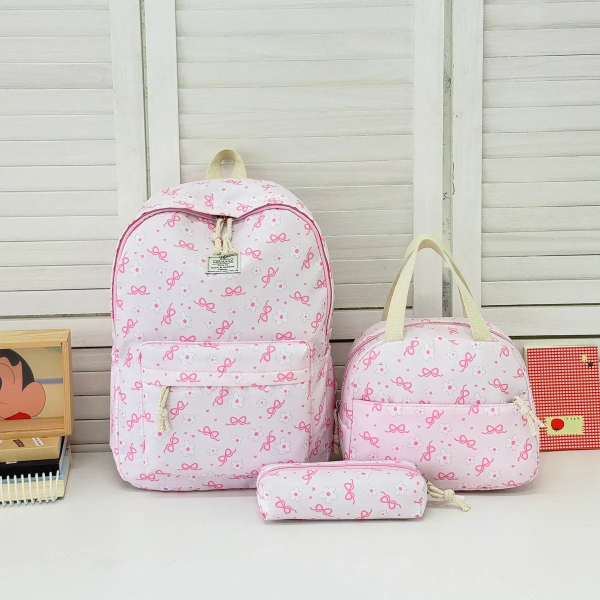 ensemble de sacs à dos 3 pièces pour adolescentes, motif floral avec nœud adorable, ultra léger, grande capacité, polyvalent, pour l'école, le campus, les activités de plein air et l'usage quotidien