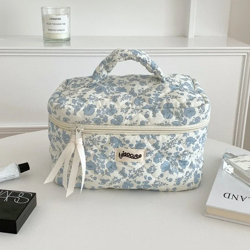 sac de rangement pour cosmétiques avec fermeture éclair, en coton matelassé, petit sac à maquillage à motifs floraux, sac de rangement portable pour femmes
