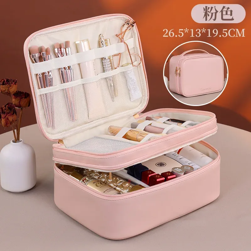 trousse de maquillage double couche en cuir pu, grande capacité, sac de voyage pour cosmétiques, pochette de toilette pour outils de beauté femme
