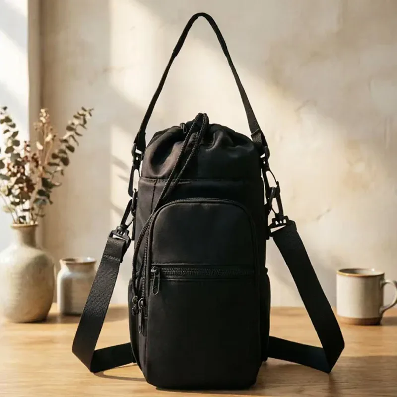 sac à bouteille d'eau portable avec sangle réglable, tasses thermiques, housse de protection isolée, poche pour téléphone, sac de voyage pour sports de plein air