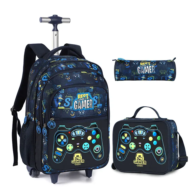 sac à dos roulant d'école avec roulettes pour garçons, ensemble de sacs à dos à roulettes d'école de football avec boîte à déjeuner, sacs de bagages de voyage pour enfants